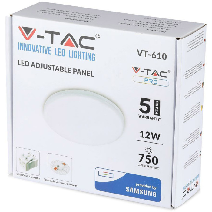 Точковий світильник V-TAC LED Panel Adjustable Samsung Chip Round 12W 3000K (727/VT-610RD)