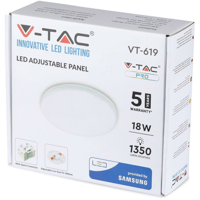Точечный светильник V-TAC LED Panel Adjustable Samsung Chip Round 18W 3000K (733/VT-619RD)