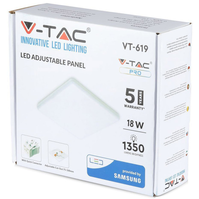 Точковий світильник V-TAC LED Panel Adjustable Samsung Chip Square 18W 3000K (736/VT-619SQ)