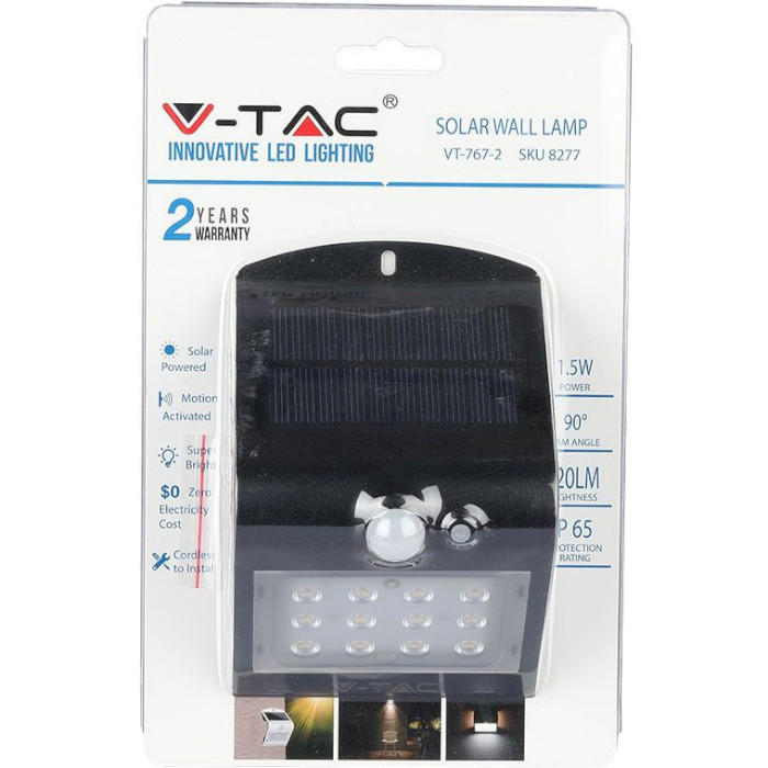 Вуличний світильник з датчиком руху V-TAC LED Solar Wall Light 1.5W 4000K Black (8277)