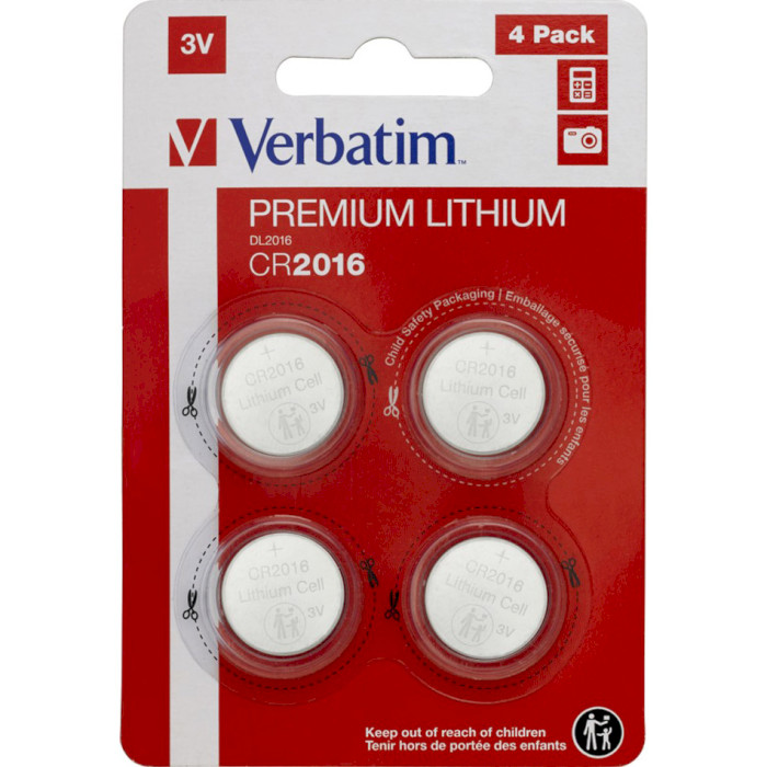 Батарейка VERBATIM Premium Lithium CR2016 4шт/уп (49531)