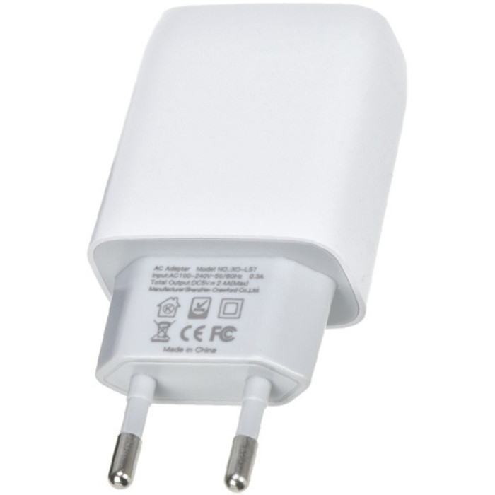 Зарядний пристрій XO L57 2xUSB-A, 2.4A White w/Lightning cable (00000014101)