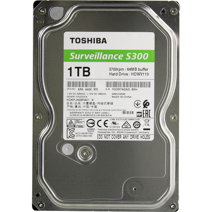 Жёсткий диск 3.5" TOSHIBA Surveillance S300 1TB SATA/64MB (HDWV110UZSVA)