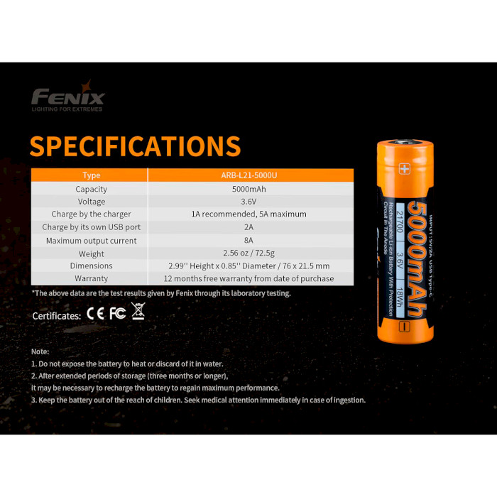 Аккумулятор FENIX Li-Ion 21700 5000mAh 3.6V, micro-USB зарядка (ARB-L21-5000U)