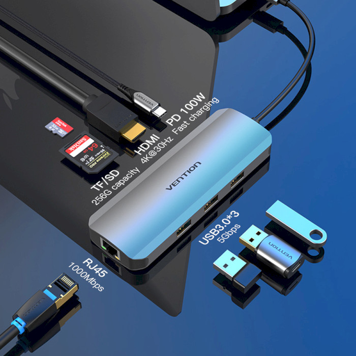 Порт-реплікатор VENTION 8-in-1 USB-C to HDMI/USB3.0x3/RJ45/SD/TF/PD (TOKHB)