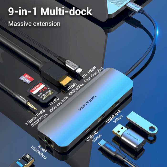 Порт-репликатор VENTION 9-in-1 USB-C to HDMI/USB3.0x2/RJ-45/USB-C/SD/TF/TRRS 3.5mm/PD (TOMHB)