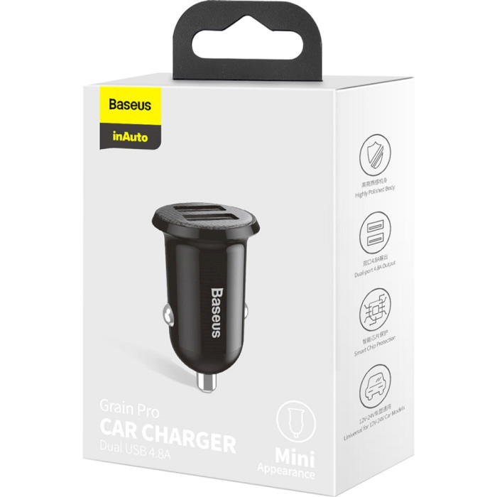 Автомобильное зарядное устройство BASEUS Grain Pro Car Charger Dual USB 4.8A Black (CCALLP-01)