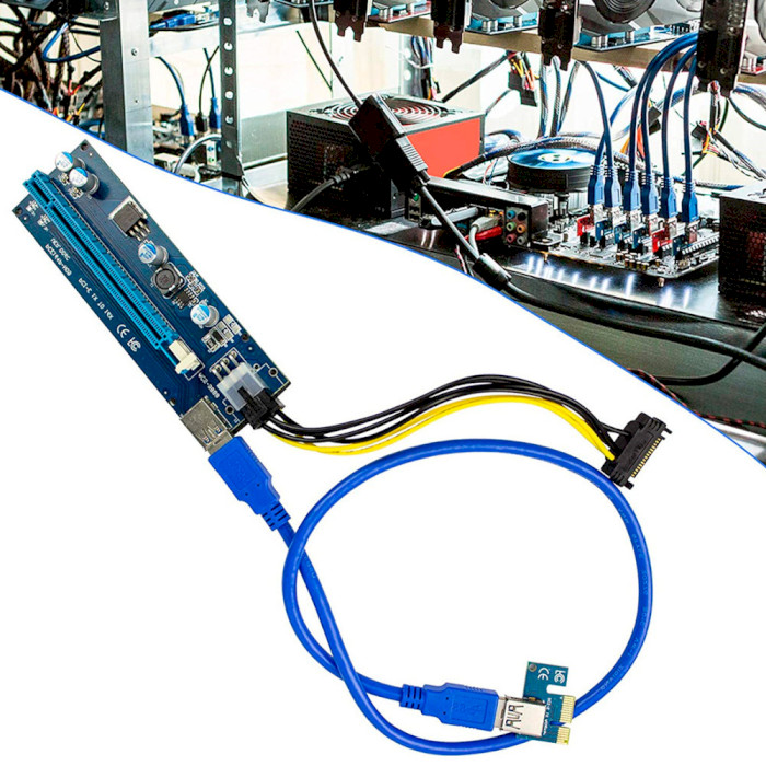 Райзер DYNAMODE PCI-E x1 to 16x 60cm USB 3.0 Blue Cable SATA to 6-pin Power v.006C (RX-RISER-006C 6-PIN BLUE)