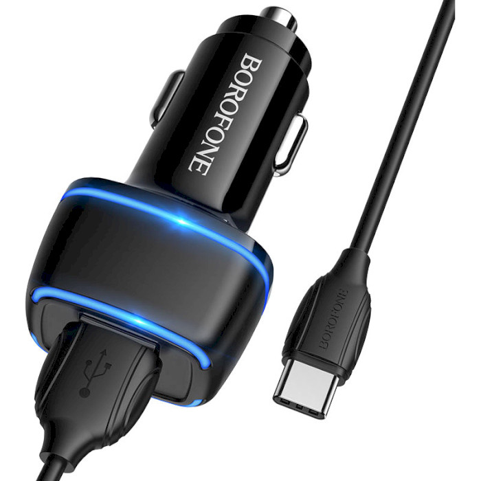 Автомобильное зарядное устройство BOROFONE BZ14 Max 2xUSB-A, 2.4A Black w/Type-C cable (BZ14CB)