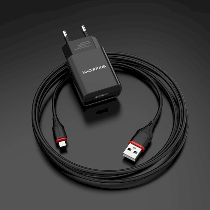 Зарядний пристрій BOROFONE BA20A Sharp 1xUSB-A, 2.1A Black w/Micro-USB cable (BA20AMB)