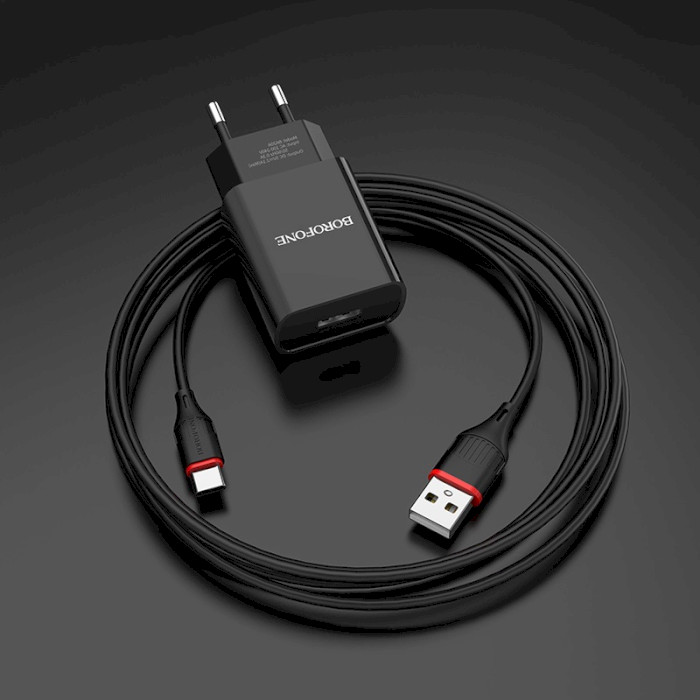 Зарядное устройство BOROFONE BA20A Sharp 1xUSB-A, 2.1A Black w/Type-C cable (BA20ACB)