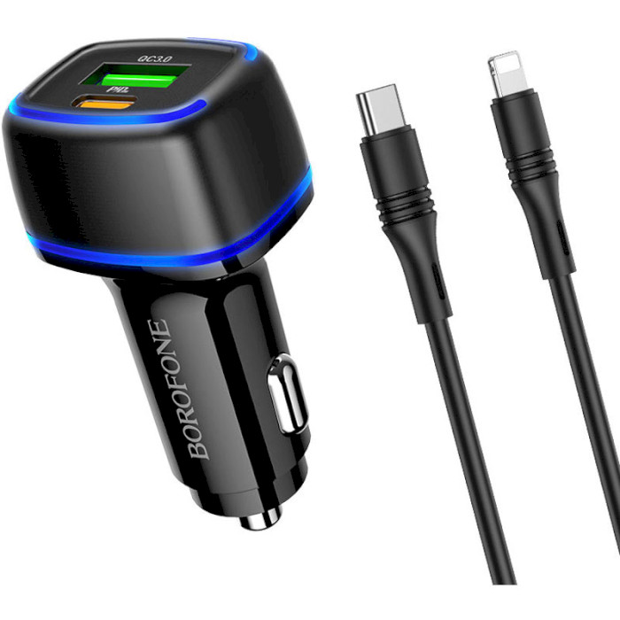 Автомобільний зарядний пристрій BOROFONE BZ14A Mercury 1xUSB-C, 1xUSB-A, PD20W, QC3.0 Black w/Type-C to Lightning cable (BZ14ACLB)