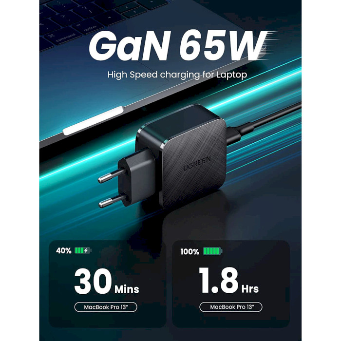 Зарядное устройство UGREEN CD217 GaN 65W 1xUSB-C, PD3.0, QC4.0 Wall Charger Black (70817)