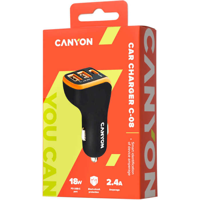 Автомобільний зарядний пристрій CANYON C-08 1xUSB-C, 2xUSB-A, PD3.0, 18W Black/Orange (CNE-CCA08BO)