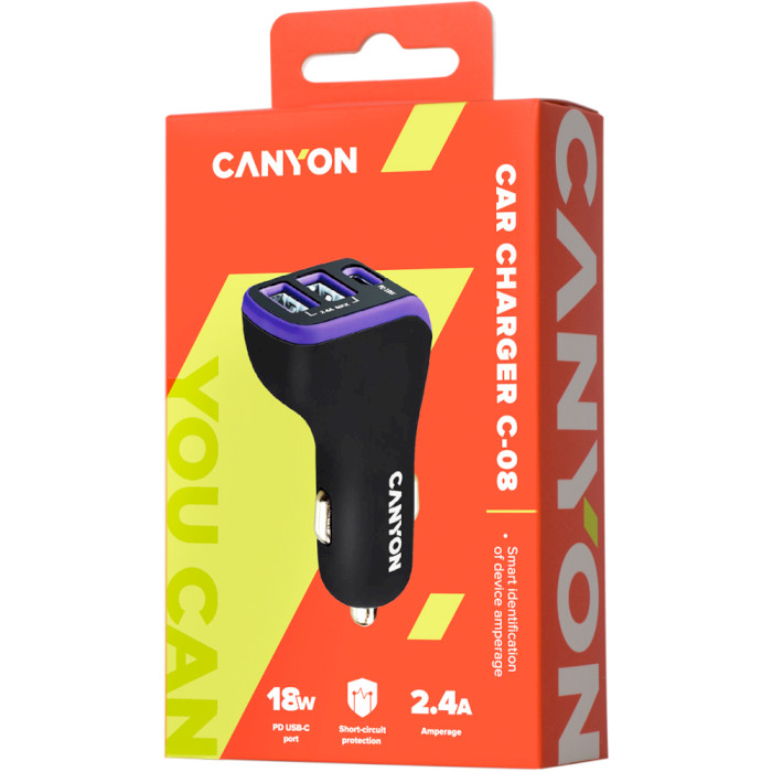 Автомобільний зарядний пристрій CANYON C-08 1xUSB-C, 2xUSB-A, PD3.0, 18W Black/Blue (CNE-CCA08PU)