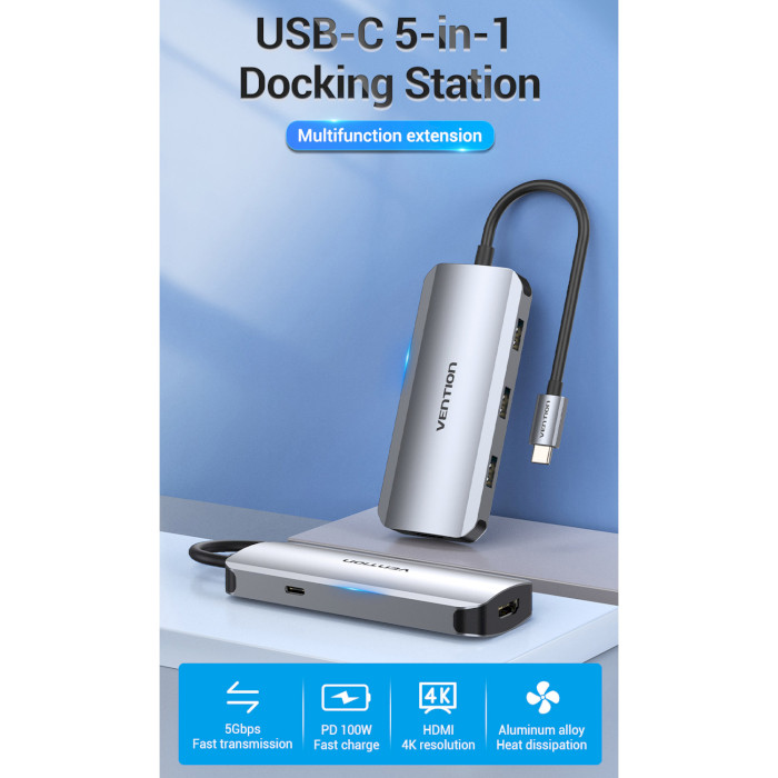 Порт-репликатор VENTION 5-in-1 USB-C to HDMI/USB3.0x3/PD (TODHB)