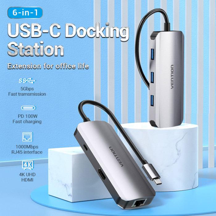 Порт-репликатор VENTION 6-in-1 USB-C to HDMI/USB3.0x3/RJ45/PD (TOHHB)