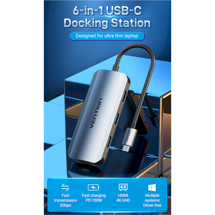Порт-реплікатор VENTION 6-in-1 USB-C to HDMI/USB-C/USB3.0x3/PD (TOFHB)