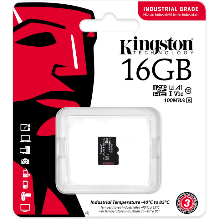 Карта памяти KINGSTON microSDHC Industrial 16GB UHS-I U3 V30 A1 Class 10 (SDCIT2/16GBSP)