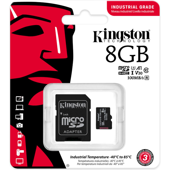 Карта пам'яті KINGSTON microSDHC Industrial 8GB UHS-I U3 V30 A1 Class 10 + SD-adapter (SDCIT2/8GB)