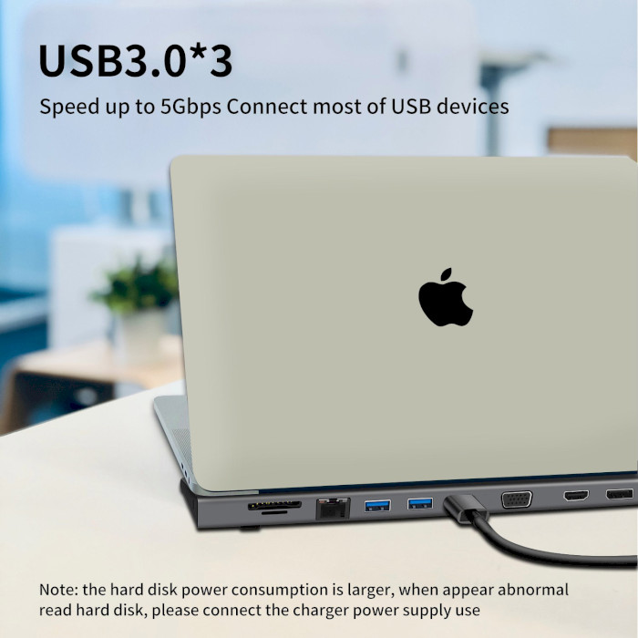 Порт-реплікатор VEGGIEG USB-C to USB3.0x3/HDMI/jack3.5/SD/TF/RJ45/PD Silver (TC11-S)