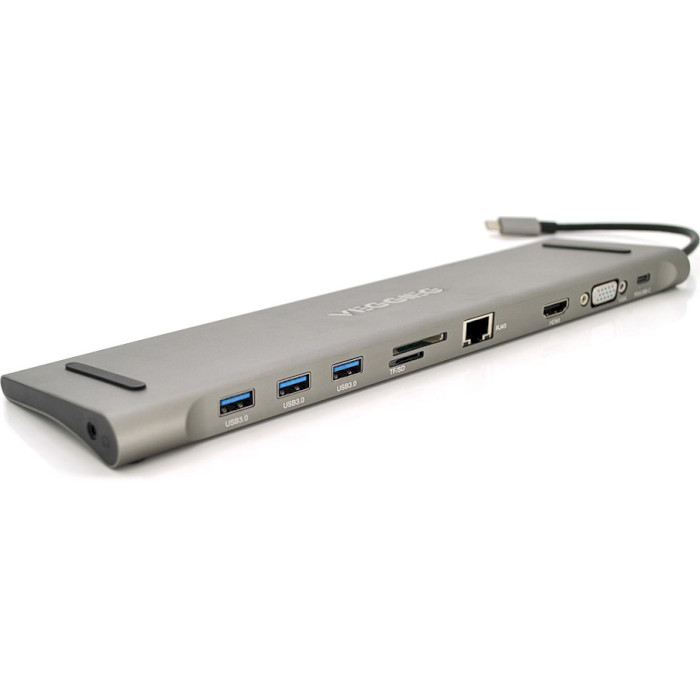 Порт-реплікатор VEGGIEG USB-C to USB3.0x3/HDMI/VGA/jack3.5/SD/TF/RJ45/PD Silver (TC10)