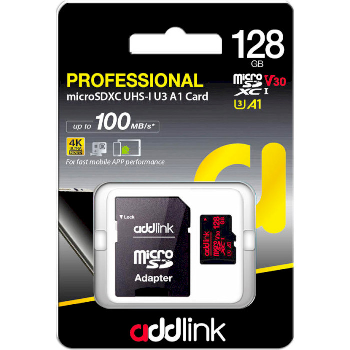 Карта памяти ADDLINK microSDXC Professional 128GB UHS-I U3 V30 A1 Class 10 + SD-adapter (AD128GBMSXU3A)