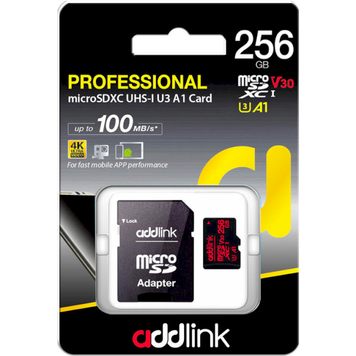 Карта памяти ADDLINK microSDXC Professional 256GB UHS-I U3 V30 A1 Class 10 + SD-adapter (AD256GBMSXU3A)