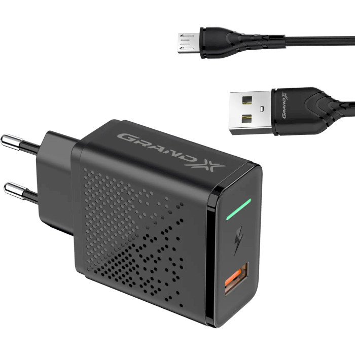 Зарядное устройство GRAND-X CH-650 1xUSB-A, QC3.0, 18W Black w/Micro-USB & USB-C cables (CH-650MT)