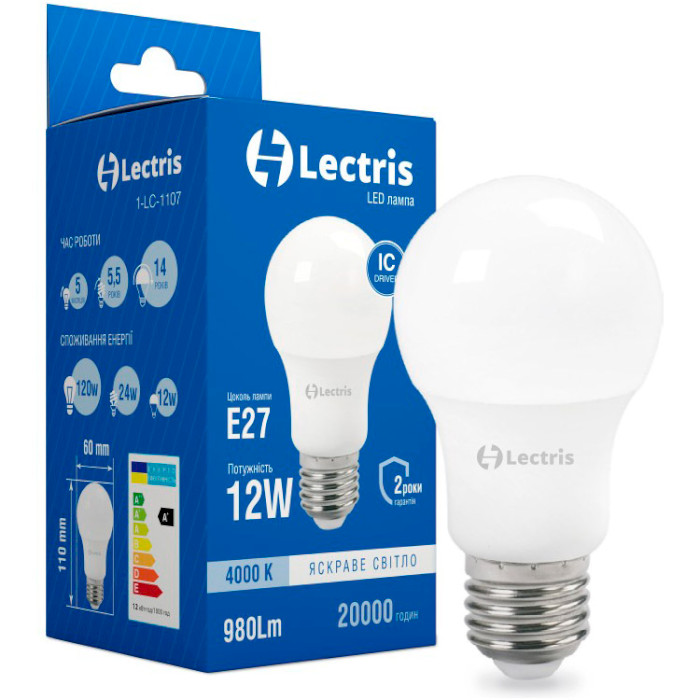 Лампочка LED LECTRIS A60 E27 12W 4000K 220V (1-LC-1107)