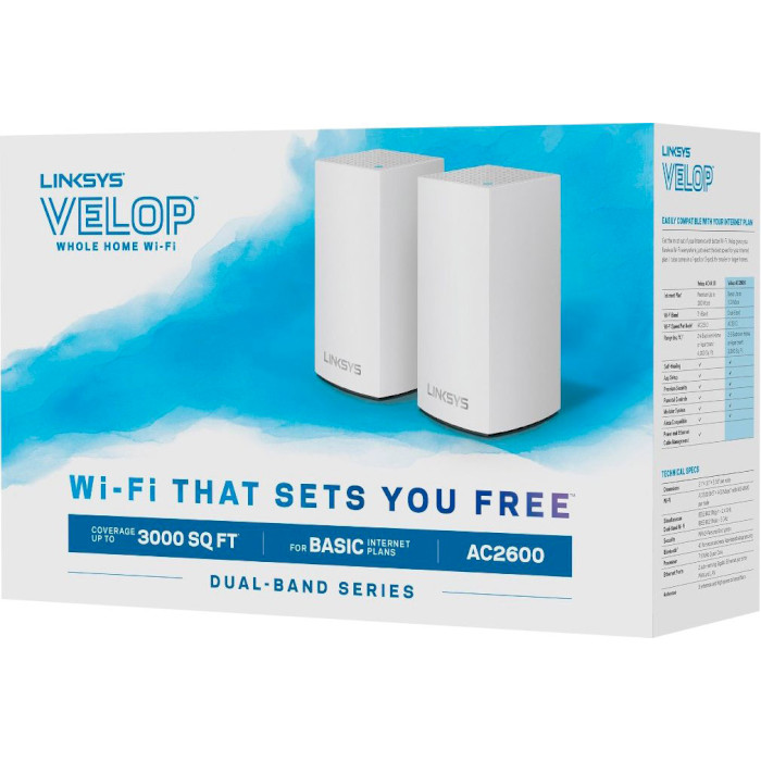 Wi-Fi Mesh система LINKSYS Velop Whole Home Intelligent Mesh WiFi System AC1300 White 2-pack