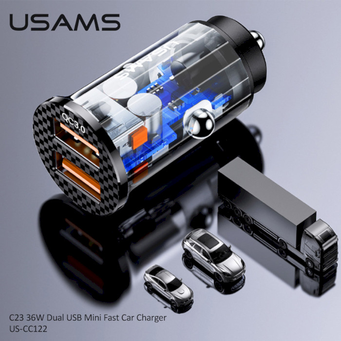 Автомобильное зарядное устройство USAMS US-CC122 C23 36W Dual USB Mini Transparent Car Charger Black (CC122CC01)