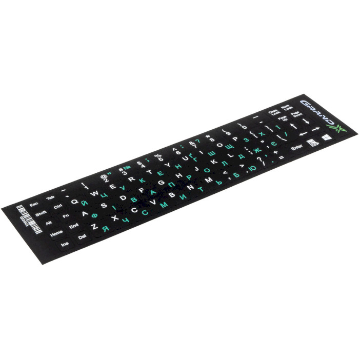 Наліпки на клавіатуру GRAND-X чорні із зеленими та білими літерами, EN/UA (GXDGUA)