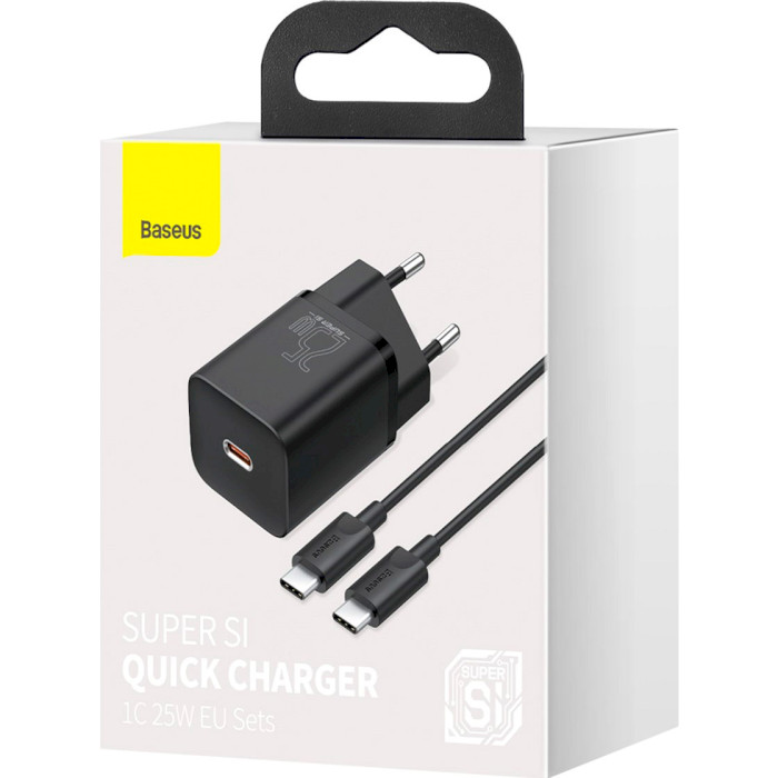 Зарядний пристрій BASEUS Super Si Quick Charger 1C PD 25W Black w/Type-C to Type-C cable (TZCCSUP-L01)
