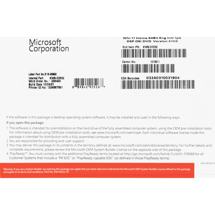 Операційна система MICROSOFT Windows 11 Home 64-bit English OEM (KW9-00632)