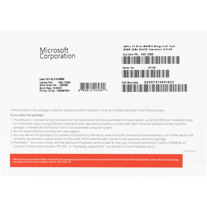 Операционная система MICROSOFT Windows 11 Pro 64-bit English OEM (FQC-10528)