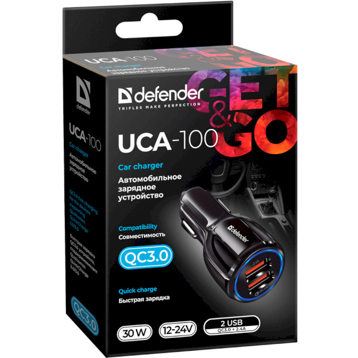 Автомобильное зарядное устройство DEFENDER UCA-100 2xUSB-A, QC3.0, 2.4A Black (83833)