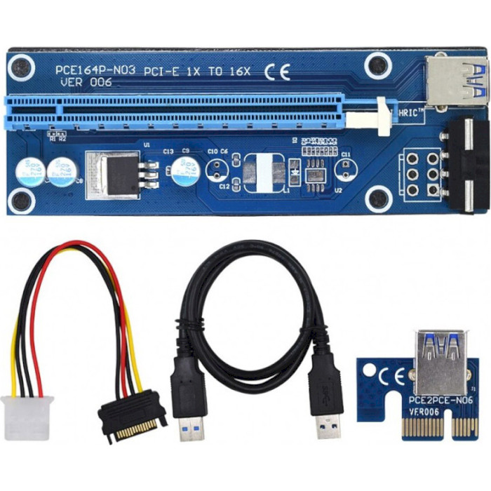 Райзер VOLTRONIC PCI-E x1 to 16x 60cm USB 3.0 Blue Cable SATA to 4-pin Molex v.006 (PCE164P-N03 VER 006)