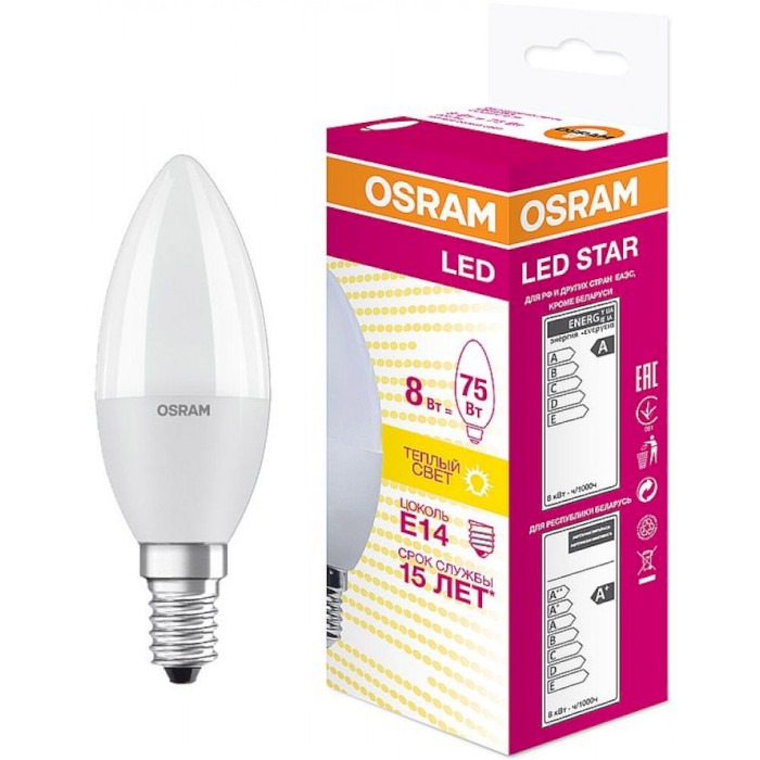 Лампочка LED OSRAM LED Star B75 E14 8W 3000K 220V (4058075210684)