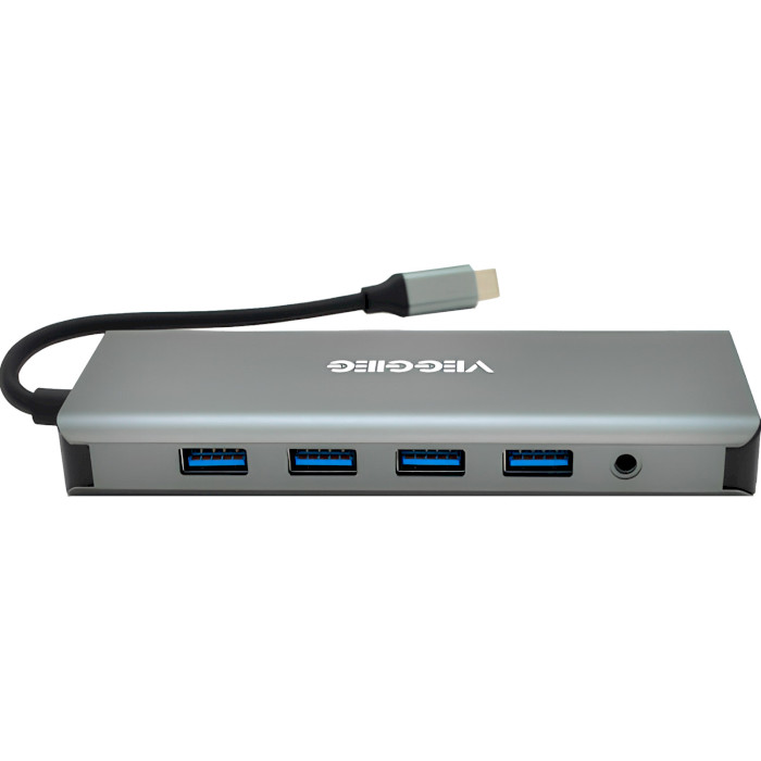 Порт-реплікатор VEGGIEG USB-C to USB3.0x4/HDMIx2/VGA/jack3.5/SD/TF/RJ45/PD Silver (TC12)