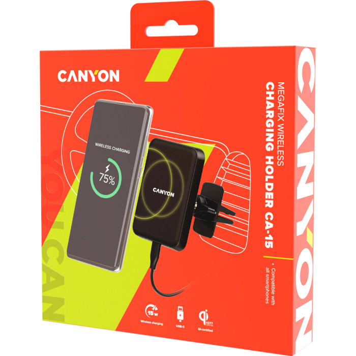 Автотримач з бездротовою зарядкою CANYON Car Holder and Wireless Charger Megafix (CNE-CCA15B)