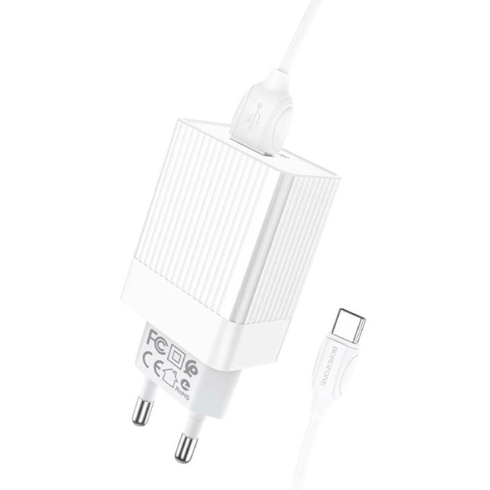 Зарядний пристрій BOROFONE BA47A Mighty 1xUSB-A, QC3.0, 18W White w/Type-C cable