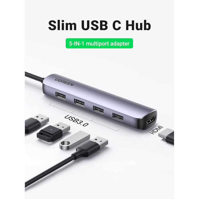 Порт-реплікатор UGREEN CM417 5-in-1 USB-C Hub Gray (20197)