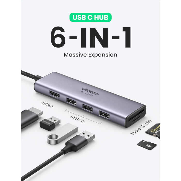 Порт-реплікатор UGREEN CM511 Premium 6-in-1 USB-C Hub Space Gray (60383)