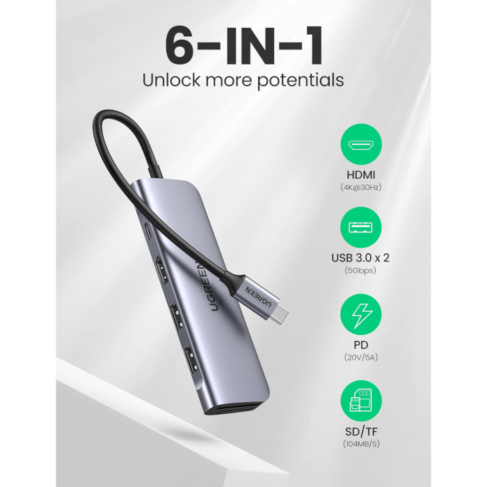 Порт-репликатор UGREEN CM195 6-in-1 USB-C PD Adapter with 4K HDMI Space Gray (70411)
