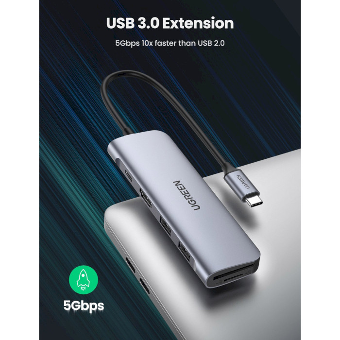 Порт-репликатор UGREEN CM195 6-in-1 USB-C PD Adapter with 4K HDMI Space Gray (70411)
