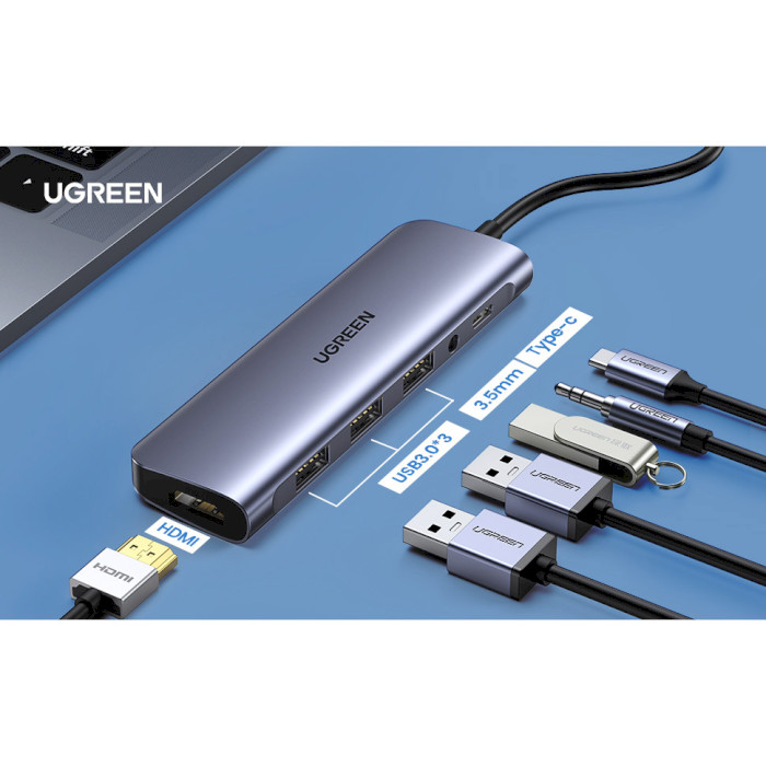 Порт-реплікатор UGREEN CM136 6-in-1 USB-C Hub with 3.5mm AUX + 4K HDMI Gray (80132)
