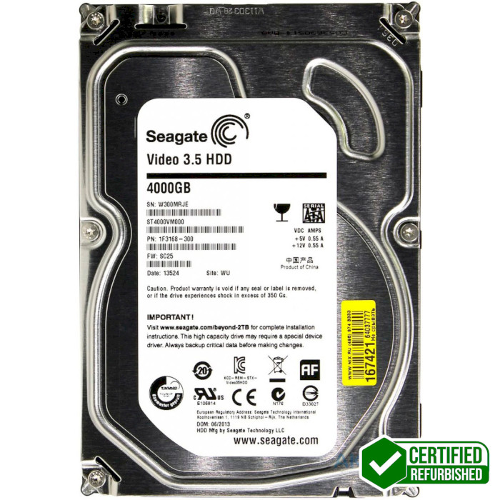 Жёсткий диск 3.5" SEAGATE Video 3.5 4TB SATA/64MB (ST4000VM004-FR) Refurbished