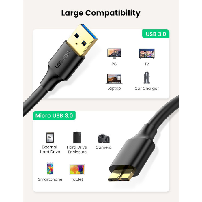 Кабель UGREEN US130 USB3.0 AM to Micro-B 2м Black (10843)