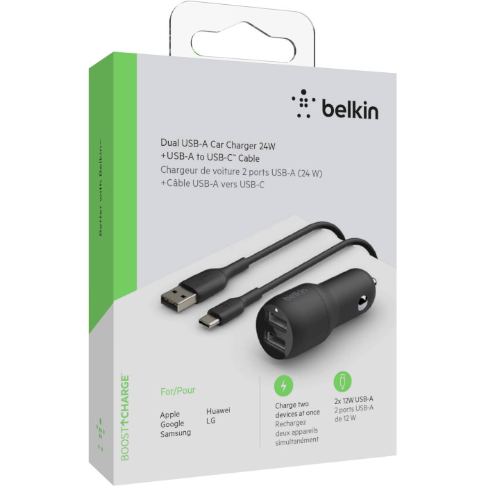 Автомобильное зарядное устройство BELKIN Boost Up Charge Dual USB-A Car Charger 24W w/USB-A to USB-C cable Black w/Type-C cable (CCE001BT1MBK)
